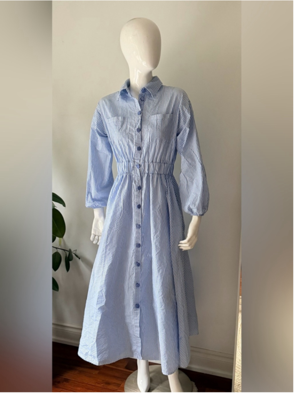 Blue White Striped Button Front Maxi Shirt Dress Elastic Waist - Picture 7 of 9